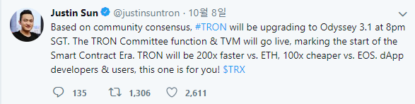 TRON CEO, “신규 업데이트로 TRON은 ETH보다 200배 빠르고, EOS보다 100배 저렴해질 것.”
