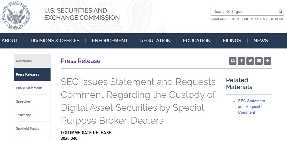 SEC, 브로커딜러의 디지털 자산 증권 수탁 관련 새 입장 발표