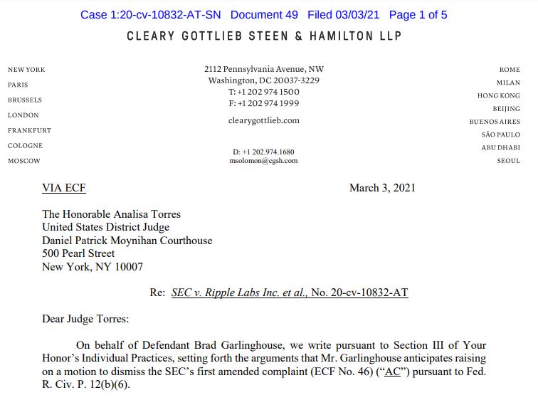 Representative of Ripple requests withdrawal of SEC holdings