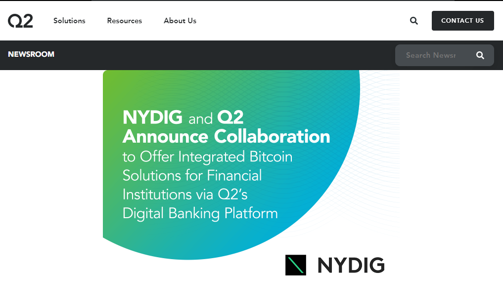 NYDIG, 핀테크업체 Q2와 제휴해 은행 고객들의 비트코인 거래 지원