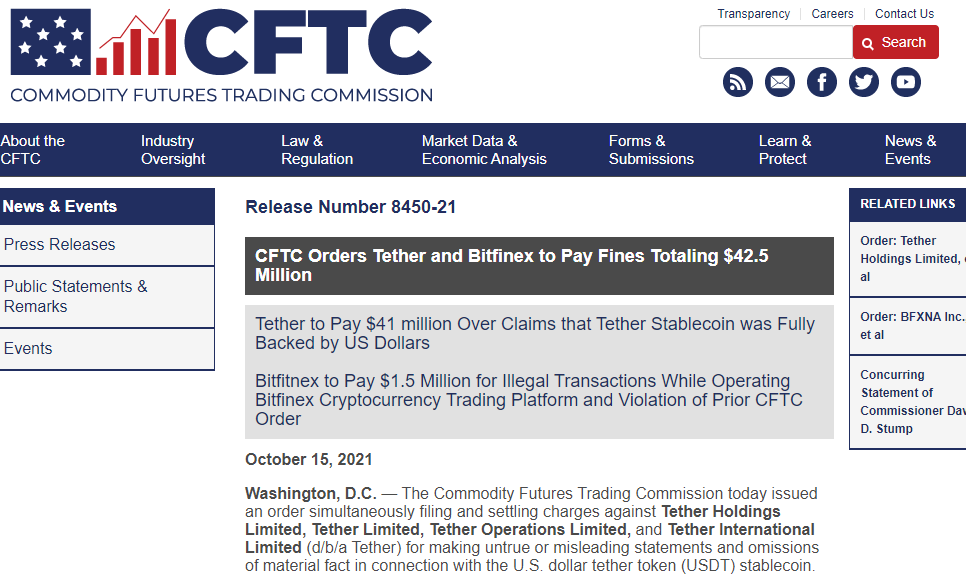 CFTC, 테더와 비트파이넥스에 4250만달러 벌금 … “허위 또는 호도하는 주장”