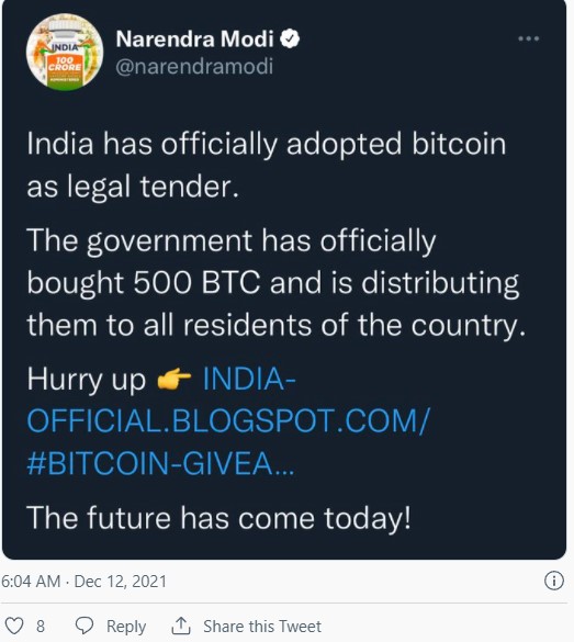 인도 모디 총리 트위터 공식계정 해킹당해– “BTC 법정통화 채택”  거짓정보 유포