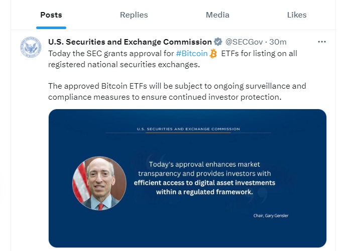“SEC 엑스 계정 털렸다…신원불명 개인, ‘비트코인 현물 ETF 승인’ 가짜 게시물 올려”–엑스(트위터) 발표